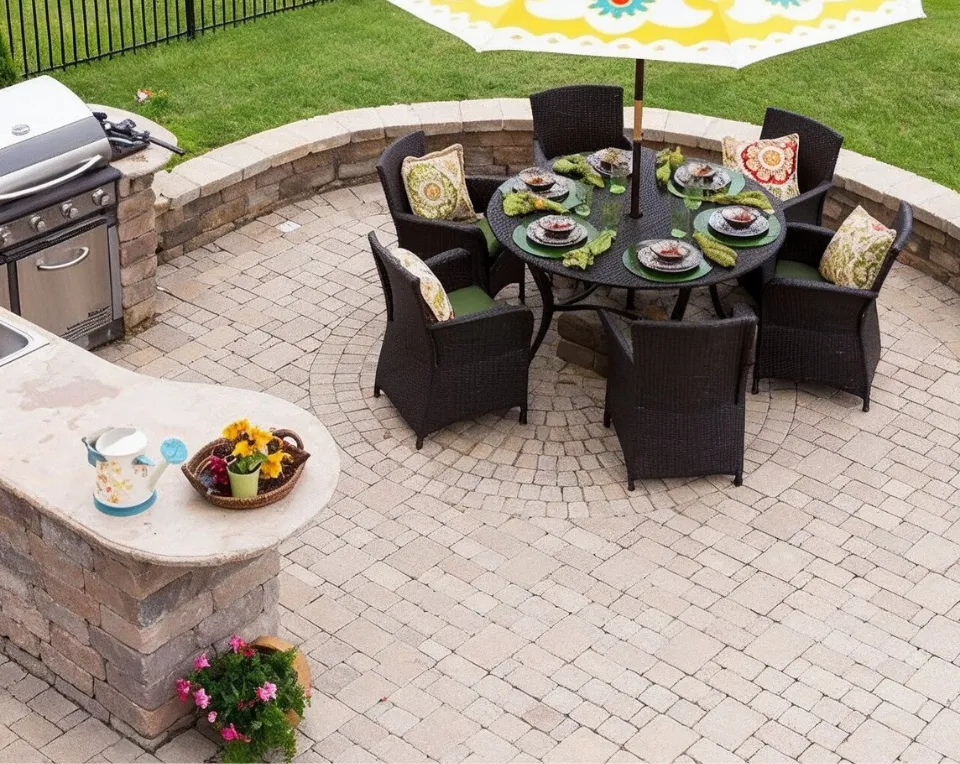 Outdoor kitchen and BBQ area in Los Angeles with covered patio, stone island, and modern design