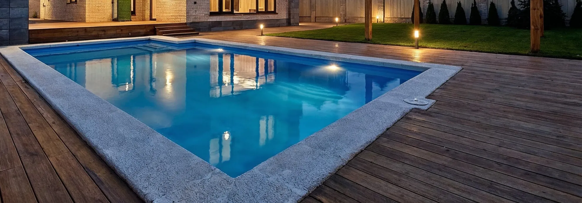 Deck remodeling in Los Angeles at night with modern poolside wood deck and ambient outdoor lighting