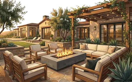 Outdoor living lounge area with fire pit in Los Angeles backyard patio