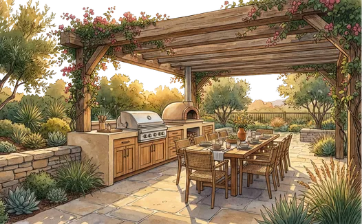 Luxury outdoor kitchen in Los Angeles with covered patio and seating area