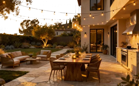 Outdoor kitchen and dining patio in Los Angeles with fire pit and seating