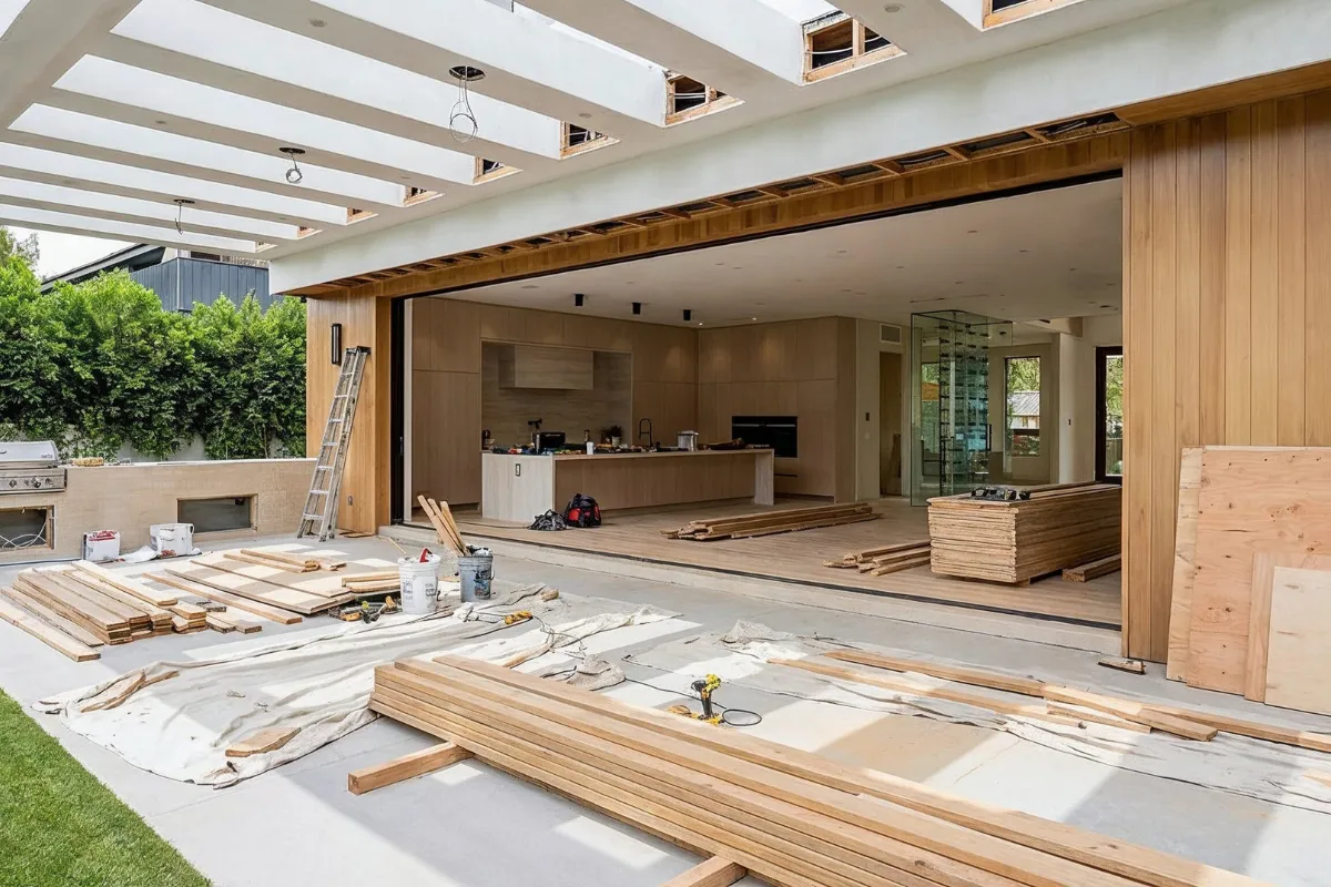 Outdoor living space construction in Los Angeles with modern patio extension and open backyard design