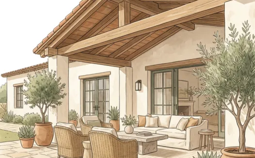 Covered backyard patio in Los Angeles with pergola and outdoor seating