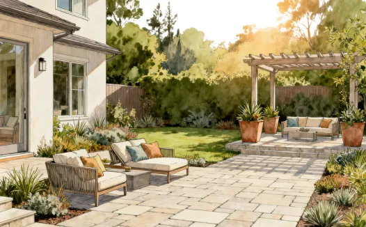 Paver backyard patio in Los Angeles with fire pit and seating area